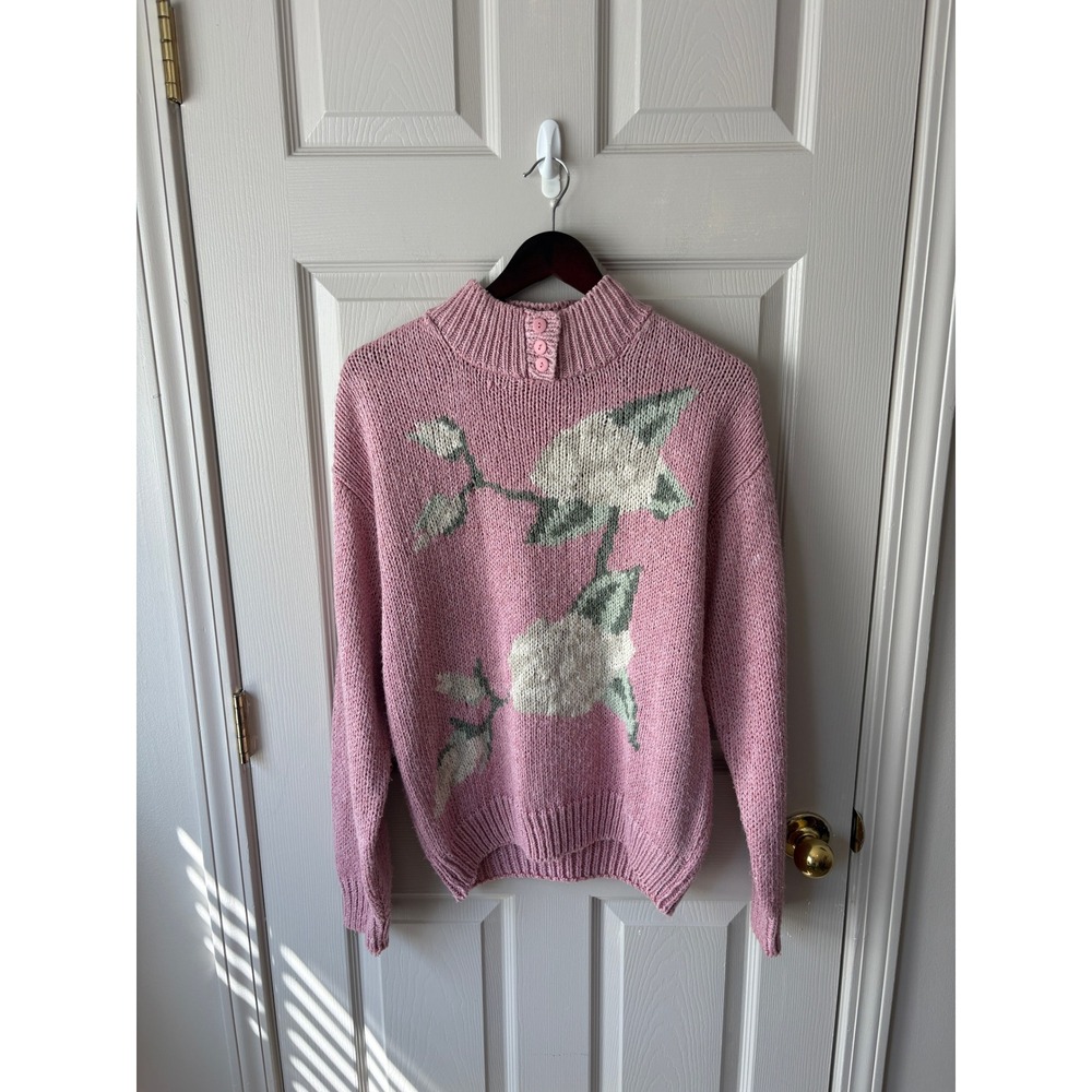 JJ Fargo Sweater Women Medium Pink Floral Hand Knit Mock Neck Vintage Pullover